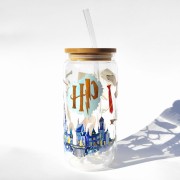 Szklanka 550 ml z bambusową pokrywką i słomką - inspirowany harrym potterem hogwart szkoła magii - pocichutku.pl