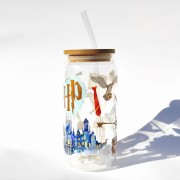 Szklanka 550 ml z bambusową pokrywką i słomką - inspirowany harrym potterem hogwart szkoła magii - pocichutku.pl