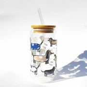 Szklanka 550 ml z bambusową pokrywką i słomką - jamniki jamnikowo - pocicjutku.pl