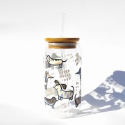 Szklanka 550 ml z bambusową pokrywką i słomką - jamniki jamnikowo - pocicjutku.pl