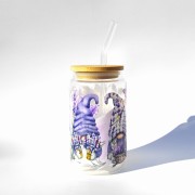 Szklanka 350 ml ze skrzatami i lawendą – bambusowa pokrywka, szklana słomka – fioletowe motyle – pocichutku.pl