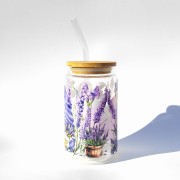 Szklanka 350 ml ze skrzatami i lawendą – bambusowa pokrywka, szklana słomka – fioletowe motyle – pocichutku.pl