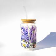 Szklanka 350 ml ze skrzatami i lawendą – bambusowa pokrywka, szklana słomka – fioletowe motyle – pocichutku.pl