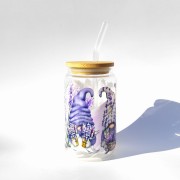 Szklanka 350 ml ze skrzatami i lawendą – bambusowa pokrywka, szklana słomka – fioletowe motyle – pocichutku.pl
