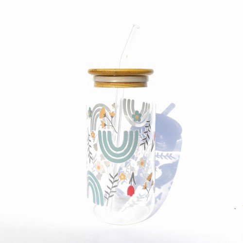 Szklanka 550 ml z bambusową pokrywką i słomką - prosty minimalistyczny kubek do biura z motywem tęczy w kolorze miety - pocichutku.pl