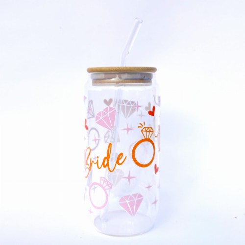 Szklanka 550 ml z pokrywką i słomką - bride to be dla przyszłej panny młodej wieczór panieński, w kolorach różu i pomarańczy - pocichutku.pl