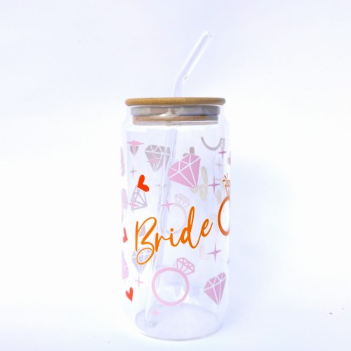 Szklanka 550 ml z pokrywką i słomką - bride to be dla przyszłej panny młodej wieczór panieński, w kolorach różu i pomarańczy - pocichutku.pl