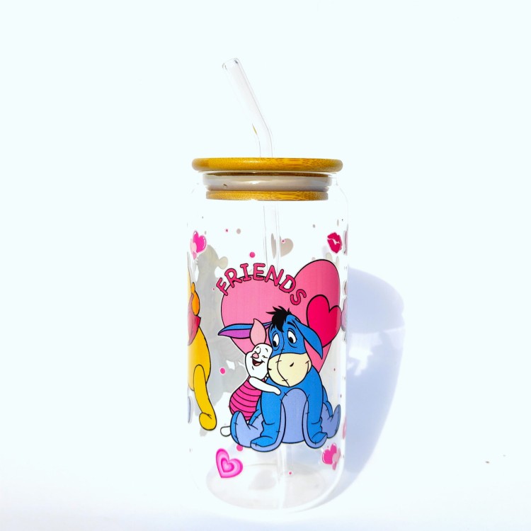 Szklanka 550 ml z bambusową pokrywką i słomką – love kłapouchy - kubek z kubusia pucharka - osiołek - pocichutku.pl