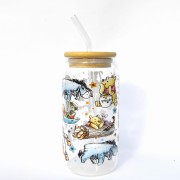 Szklanka 550ml z bambusową pokrywką i słomką - pastelowy kubuś puchatek szklanka dla dziecka na prezent - pocichutku.pl