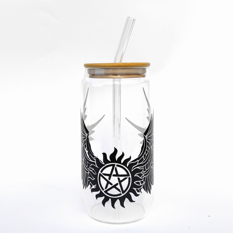 Szklanka 550 ml z bambusową pokrywką i słomką – supernatural outlet skrzydła - pocichutku.pl