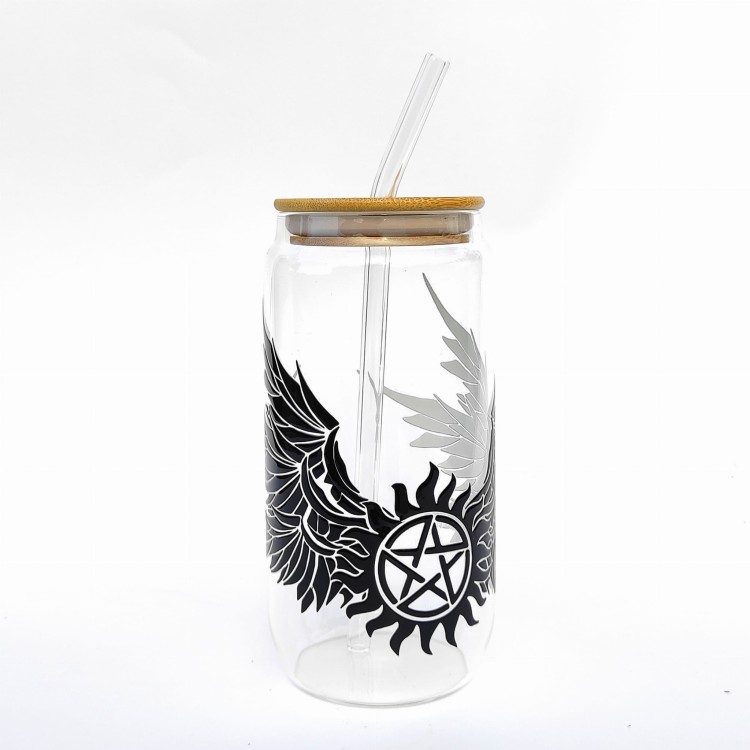 Szklanka 550 ml z bambusową pokrywką i słomką – supernatural outlet skrzydła - pocichutku.pl