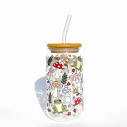 Szklanka 500 ml z bambusową pokrywką i słomką – kolorowe grzybobranie - kubek  na jesień - pocichutku.pl