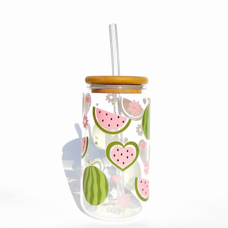 Szklanka 500 ml z bambusową pokrywką i słomką – arbuzowe love - pastelowe owoce - pocichutku.pl