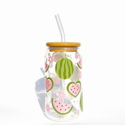 Szklanka 500 ml z bambusową pokrywką i słomką – arbuzowe love - pastelowe owoce - pocichutku.pl