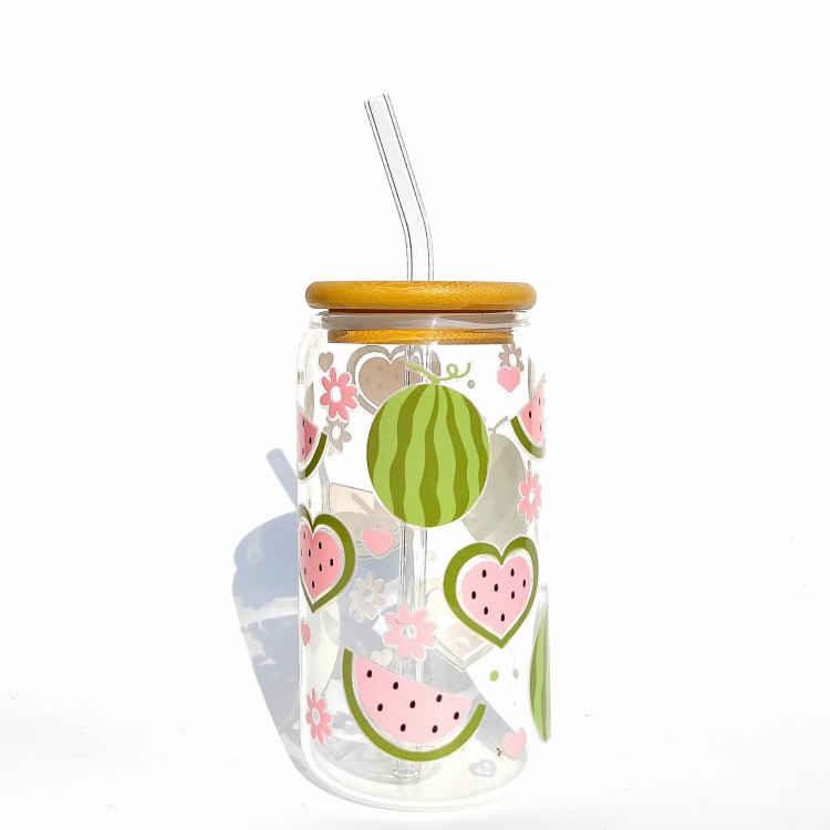 Szklanka 500 ml z bambusową pokrywką i słomką – arbuzowe love - pastelowe owoce - pocichutku.pl