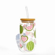Szklanka 500 ml z bambusową pokrywką i słomką – arbuzowe love - pastelowe owoce - pocichutku.pl