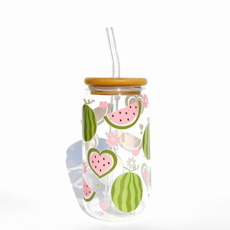 Szklanka 500 ml z bambusową pokrywką i słomką – arbuzowe love - pastelowe owoce - pocichutku.pl