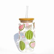 Szklanka 500 ml z bambusową pokrywką i słomką – arbuzowe love - pastelowe owoce - pocichutku.pl