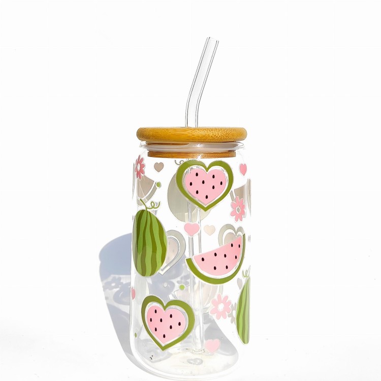 Szklanka 500 ml z bambusową pokrywką i słomką – arbuzowe love - pastelowe owoce - pocichutku.pl