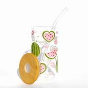 Szklanka 500 ml z bambusową pokrywką i słomką – arbuzowe love - pastelowe owoce - pocichutku.pl