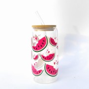 Szklanka 550 ml z bambusową pokrywką i słomką – arbuzowa lemioniada - kolorowe owoce - pocichutku.pl