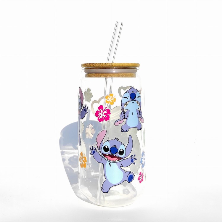 Szklanka 550 ml z bambusową pokrywką i słomką - stitch niebieski kosmita z bajki dla dzieci słodki stworek - pocichutku.pl