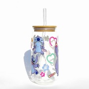 Szklanka 550 ml z bambusową pokrywką i słomką - stitch niebieski kosmita z bajki dla dzieci słodki stworek - pocichutku.pl