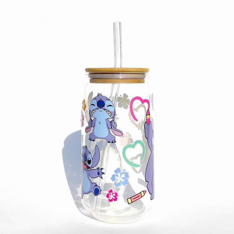 Szklanka 550 ml z bambusową pokrywką i słomką - stitch niebieski kosmita z bajki dla dzieci słodki stworek - pocichutku.pl