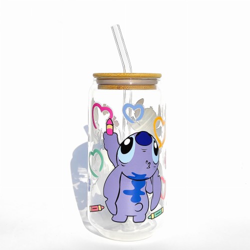 Szklanka 550 ml z bambusową pokrywką i słomką - stitch niebieski kosmita z bajki dla dzieci słodki stworek - pocichutku.pl