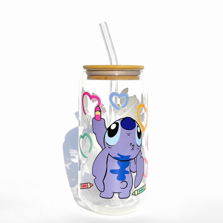 Szklanka 550 ml z bambusową pokrywką i słomką - stitch niebieski kosmita z bajki dla dzieci słodki stworek - pocichutku.pl