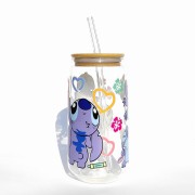 Szklanka 550 ml z bambusową pokrywką i słomką - stitch niebieski kosmita z bajki dla dzieci słodki stworek - pocichutku.pl