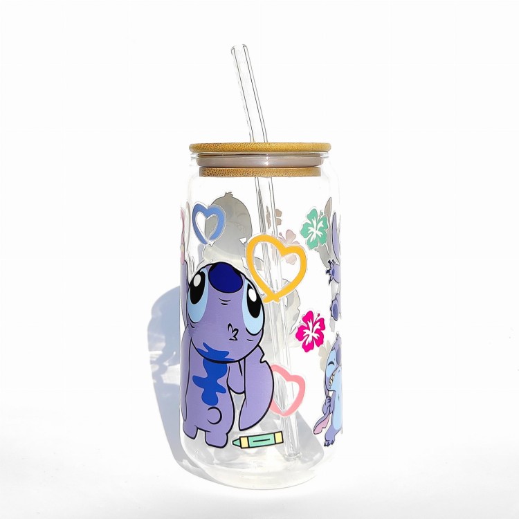 Szklanka 550 ml z bambusową pokrywką i słomką - stitch niebieski kosmita z bajki dla dzieci słodki stworek - pocichutku.pl