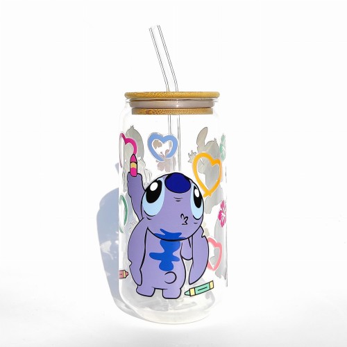 Szklanka 550 ml z bambusową pokrywką i słomką - stitch niebieski kosmita z bajki dla dzieci słodki stworek - pocichutku.pl