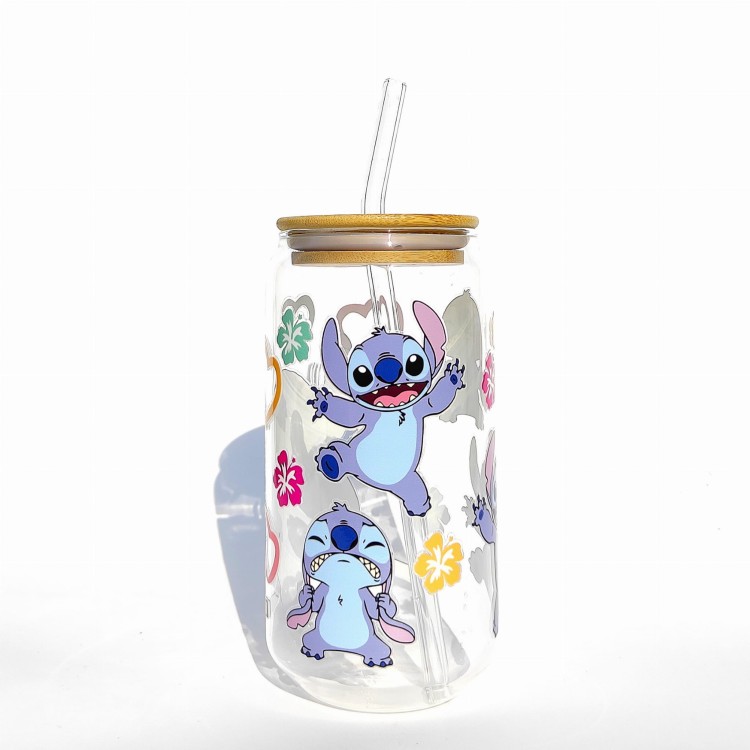 Szklanka 550 ml z bambusową pokrywką i słomką - stitch niebieski kosmita z bajki dla dzieci słodki stworek - pocichutku.pl