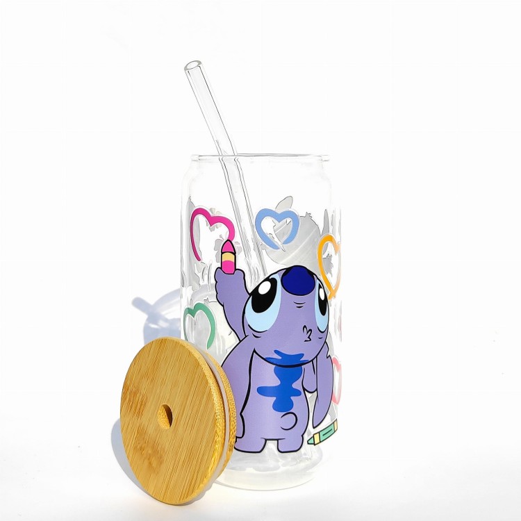 Szklanka 550 ml z bambusową pokrywką i słomką - stitch niebieski kosmita z bajki dla dzieci słodki stworek - pocichutku.pl