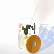 Szklanka 500 ml z bambusową pokrywką i słomką - kubek w kaktusy  - pocichutku.pl