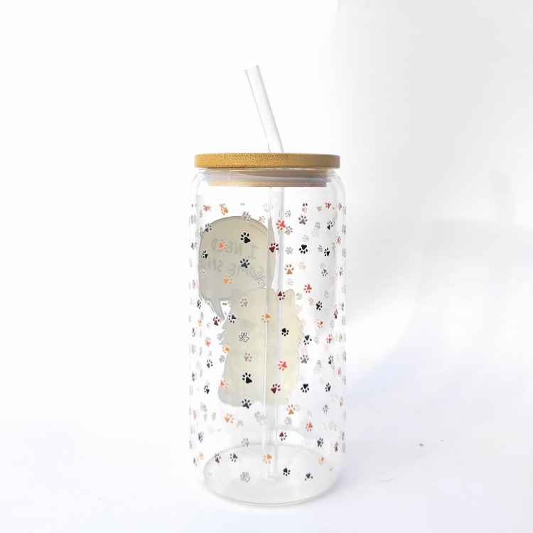 Szklanka 550 ml z bambusową pokrywką i słomką - kotek i need space potrzebuje miejsca spokoju kubek dla introwertyka - pocichutku.pl