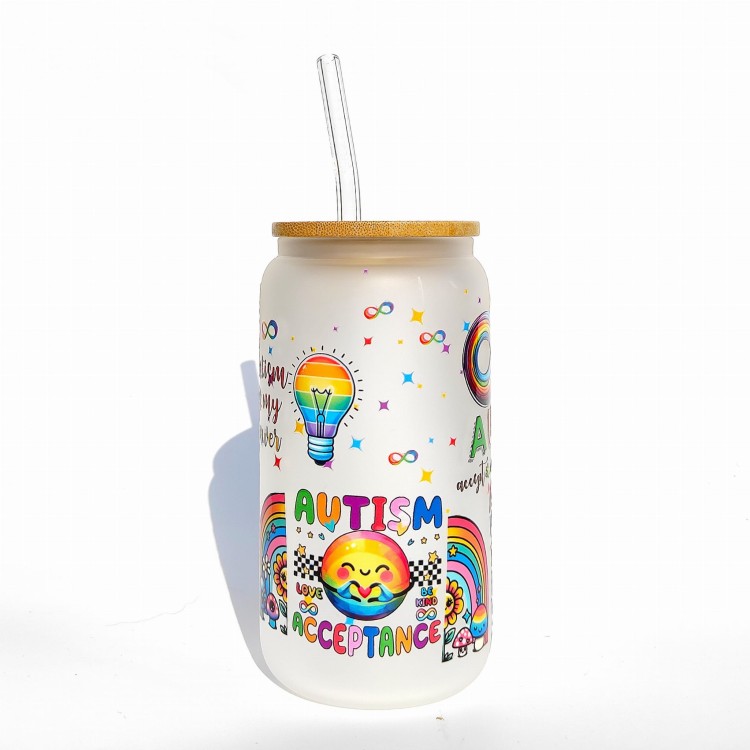 Szklanka 550 ml z bambusową pokrywką i słomką - outlet autyzm duma z autyzmu autystyczne dziecko  - pocichutku.pl