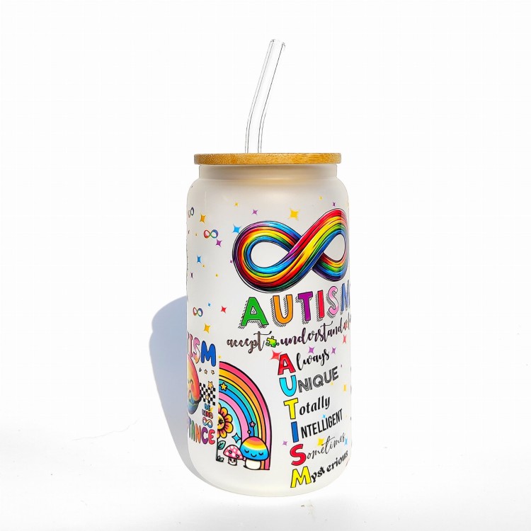 Szklanka 550 ml z bambusową pokrywką i słomką - outlet autyzm duma z autyzmu autystyczne dziecko  - pocichutku.pl