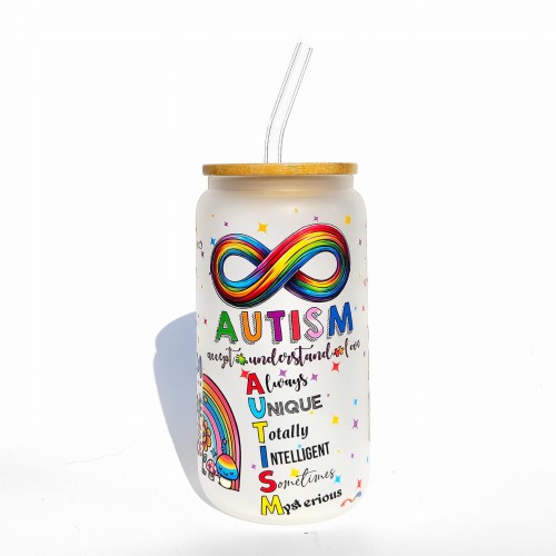 Szklanka 550 ml z bambusową pokrywką i słomką - outlet autyzm duma z autyzmu autystyczne dziecko  - pocichutku.pl