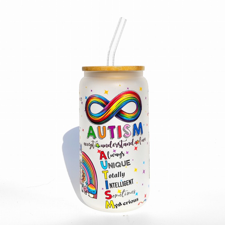 Szklanka 550 ml z bambusową pokrywką i słomką - outlet autyzm duma z autyzmu autystyczne dziecko  - pocichutku.pl