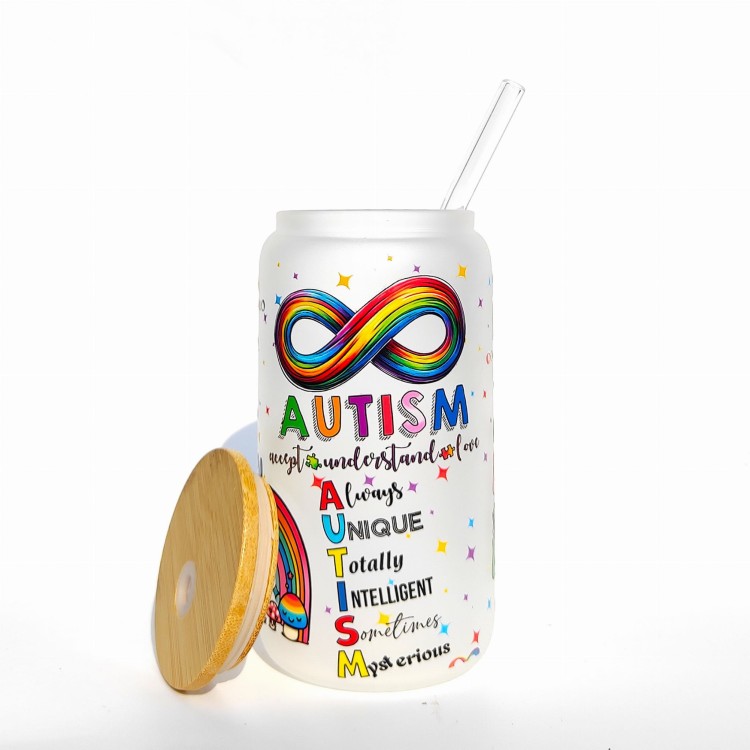 Szklanka 550 ml z bambusową pokrywką i słomką - outlet autyzm duma z autyzmu autystyczne dziecko  - pocichutku.pl