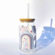 Szklanka 485 ml 500 ml z bambusową pokrywką i słomką - Niebieska tęcza z monsterą kubek dla niej do biura minimalistyczna szklanka  - pocichutku.pl