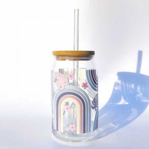 Szklanka 485 ml 500 ml z bambusową pokrywką i słomką - Niebieska tęcza z monsterą kubek dla niej do biura minimalistyczna szklanka  - pocichutku.pl