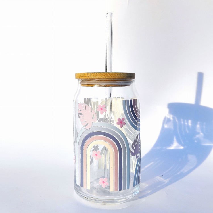 Szklanka 485 ml 500 ml z bambusową pokrywką i słomką - Niebieska tęcza z monsterą kubek dla niej do biura minimalistyczna szklanka  - pocichutku.pl
