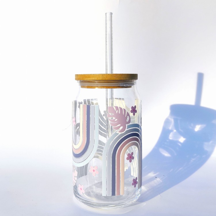 Szklanka 485 ml 500 ml z bambusową pokrywką i słomką - Niebieska tęcza z monsterą kubek dla niej do biura minimalistyczna szklanka  - pocichutku.pl