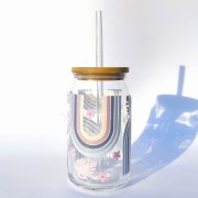 Szklanka 485 ml 500 ml z bambusową pokrywką i słomką - Niebieska tęcza z monsterą kubek dla niej do biura minimalistyczna szklanka  - pocichutku.pl