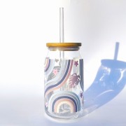 Szklanka 485 ml 500 ml z bambusową pokrywką i słomką - Niebieska tęcza z monsterą kubek dla niej do biura minimalistyczna szklanka  - pocichutku.pl