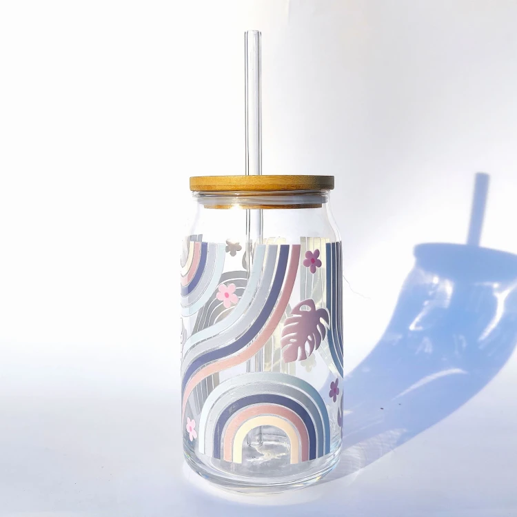 Szklanka 485 ml 500 ml z bambusową pokrywką i słomką - Niebieska tęcza z monsterą kubek dla niej do biura minimalistyczna szklanka  - pocichutku.pl