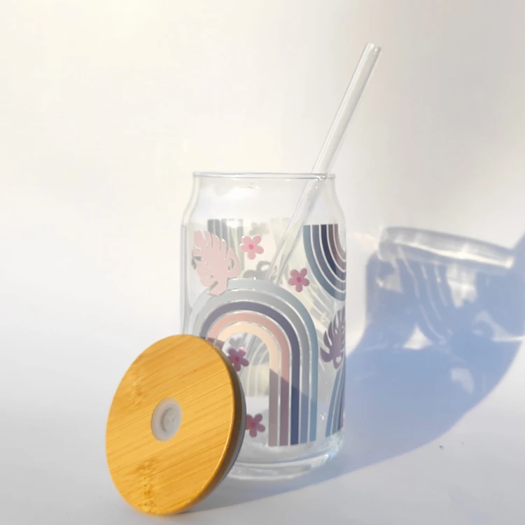 Szklanka 485 ml 500 ml z bambusową pokrywką i słomką - Niebieska tęcza z monsterą kubek dla niej do biura minimalistyczna szklanka  - pocichutku.pl